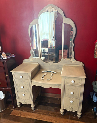 Beige vintage wood vanity - vintage,